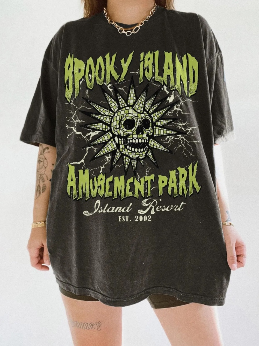 Comfort Colors Pepper Tee with Neon Green Spooky Island Graphic
